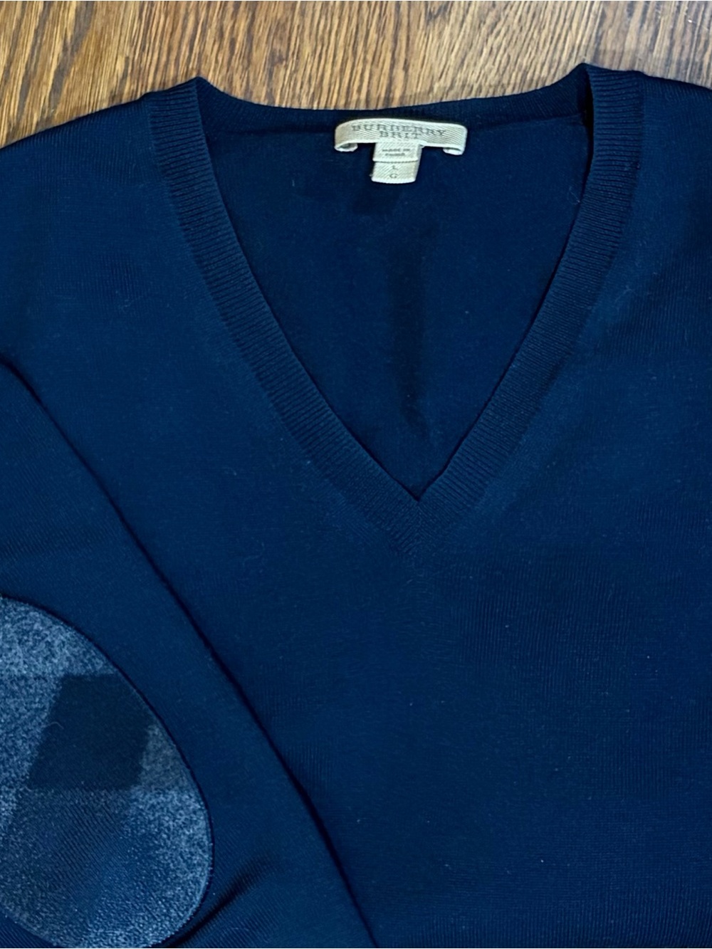 Burberry Brit 100% Wool Men's Navy V-neck with Elbow Patches, dark academia, L